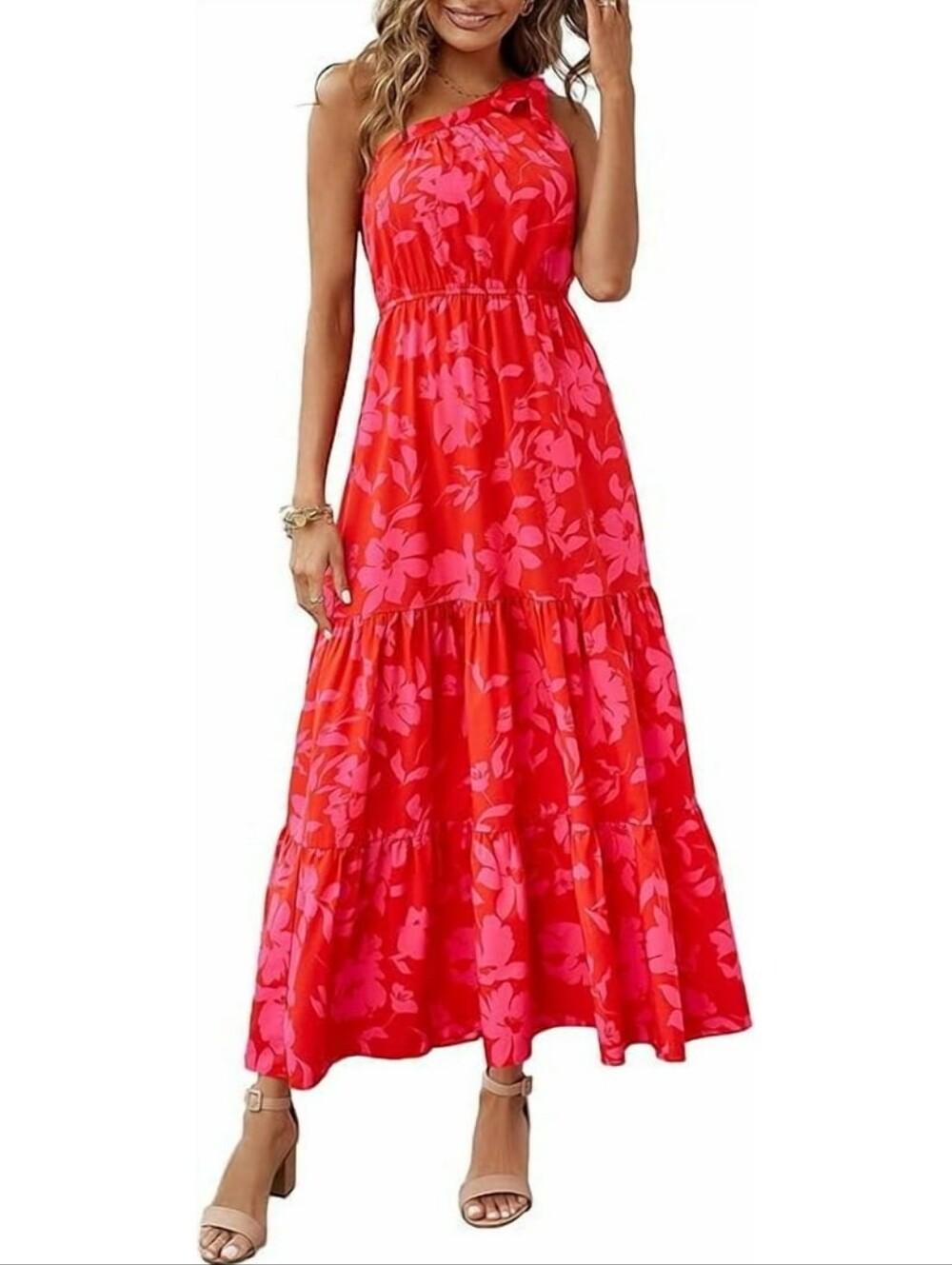 One-Shoulder Red Floral Tiered Maxi Dress